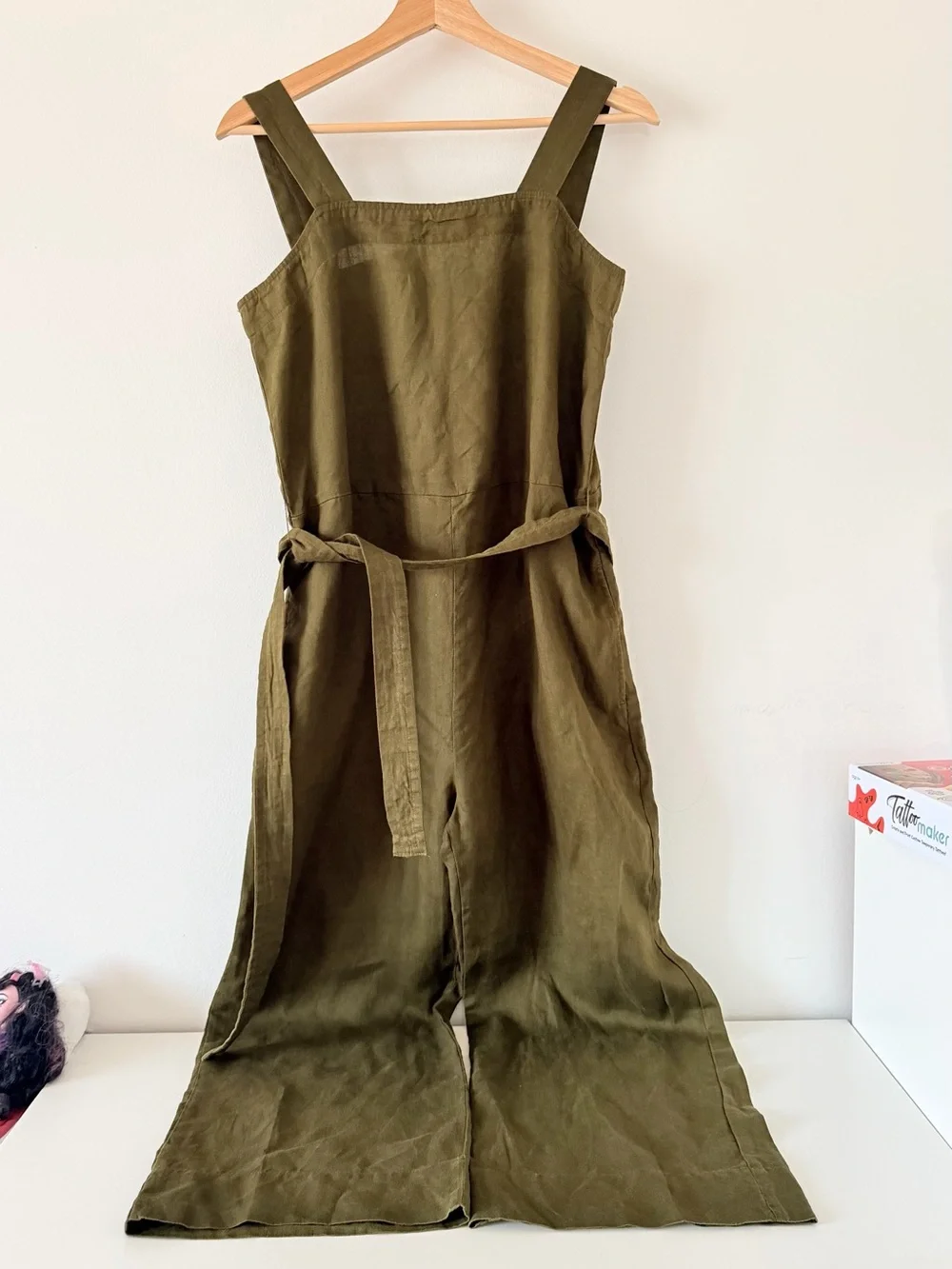 Olive Wide-Leg Tie-Waist Jumpsuit Overalls